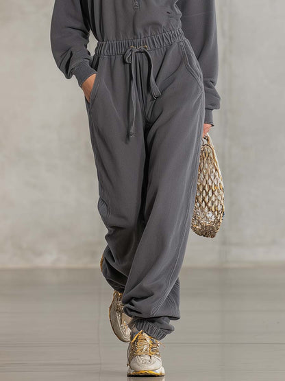 Casual Fashion Sports Sense Stand Collar Front Zipper Waist Elastic Loose Gray Jumpsuit