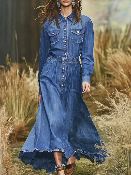 Casual Retro Lapel Button Denim Long Sleeve Maxi Dress