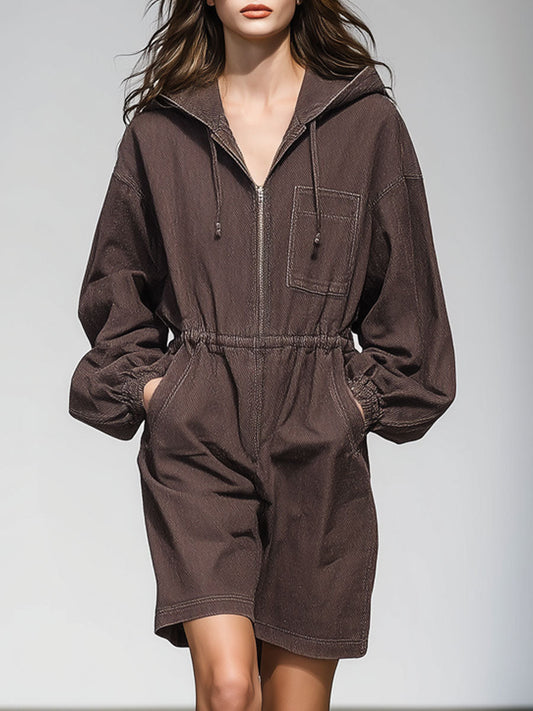 Casual Vintage Cocoa Brown Denim Elastic Waist Pocket Hooded Sports Mini Dress
