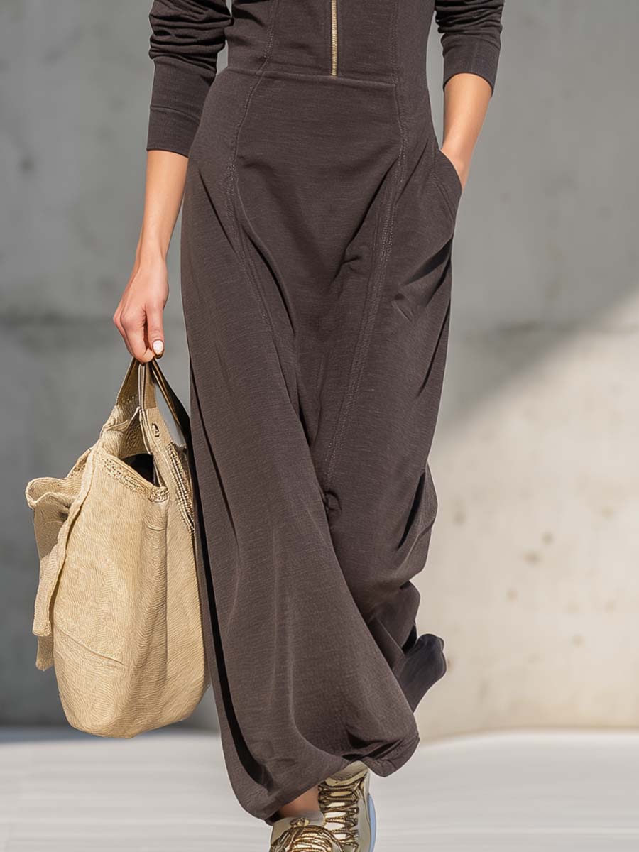 Exquisite Casual Zipper V-neck Brown Sports Cotton Maxi Dress