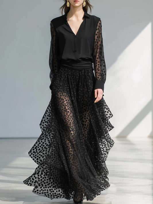 Classic And Fashionable V-neck Long-sleeved Hem Layered Polka Dot Organza Black Chiffon Maxi Dress