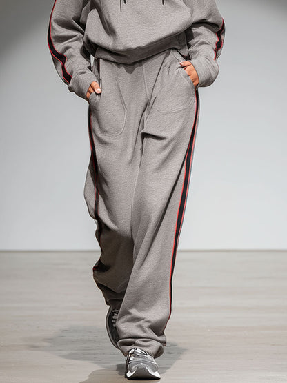 Casual Retro Striped Gray Hooded Sweatshirt Pants Sports Set