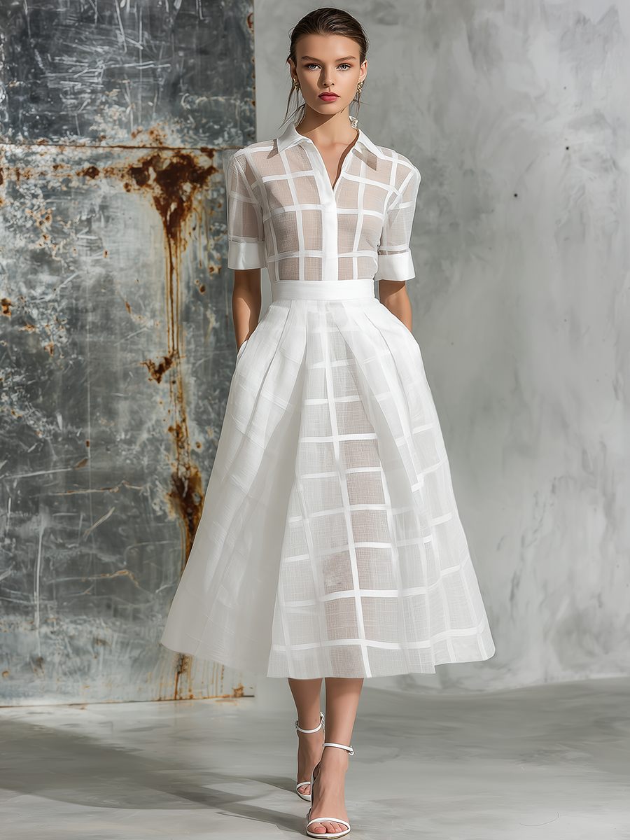 Elegant Retro Plaid Short Sleeve Maxi Dress