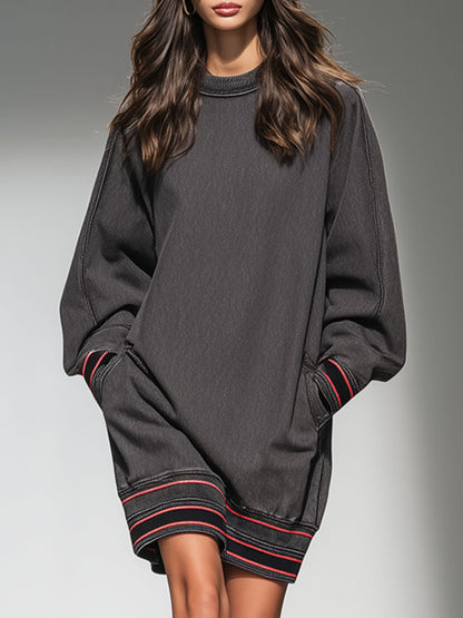 Casual Retro Web-edge Dark Gray Denim Crew Neck Sweatshirt Sports Mini Dress