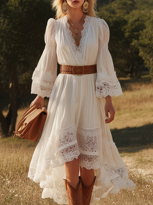 Bohemian White Linen Patchwork Lace Midi Dress