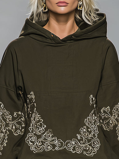 Casual And Fashionable Olive Green Embroidered Pattern Ruffled Hem Hooded Sweatshirt