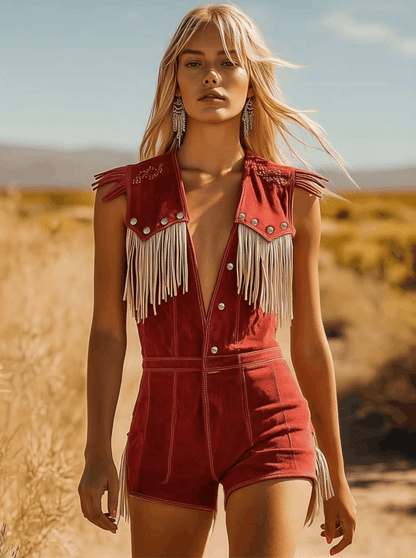 【24-hour shipping out】Western Cowboy Style Red Suede Silver Button Beige Tassel Jumpsuit