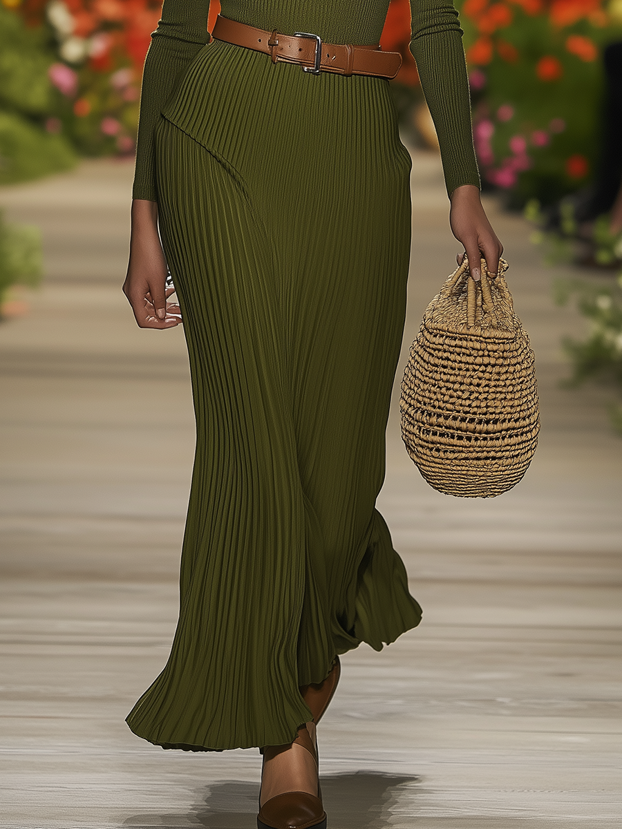 Elegant Round Neck Long Sleeve Pleated Knitted Maxi Dress