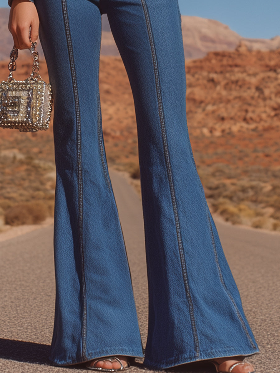 Blue Denim Long-sleeved Zippered Flared Jumpsuit