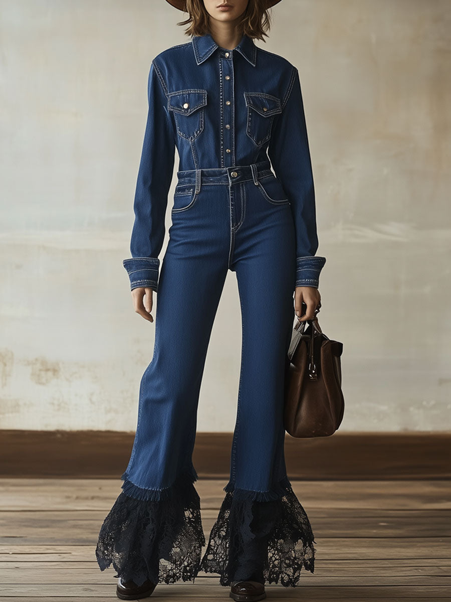 Casual Retro Dark Blue Denim Raw Edge Lace Long-Sleeved Jumpsuit