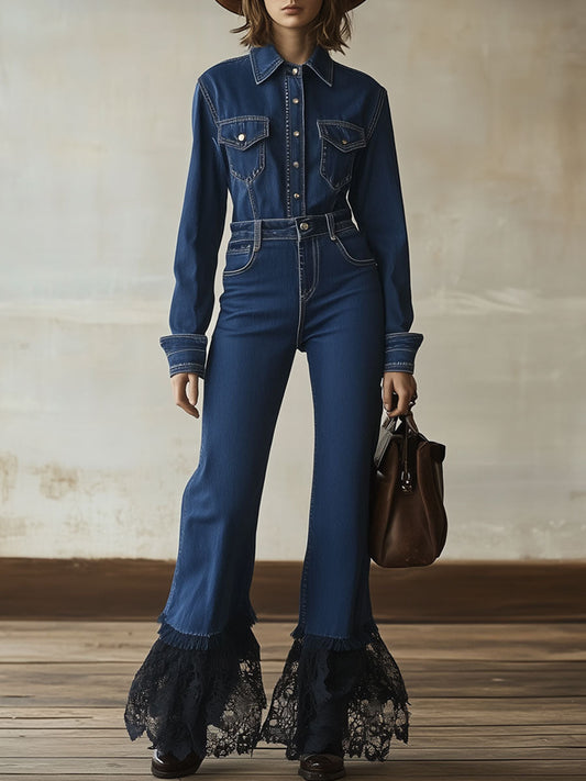 Casual Retro Dark Blue Denim Raw Edge Lace Long-Sleeved Jumpsuit