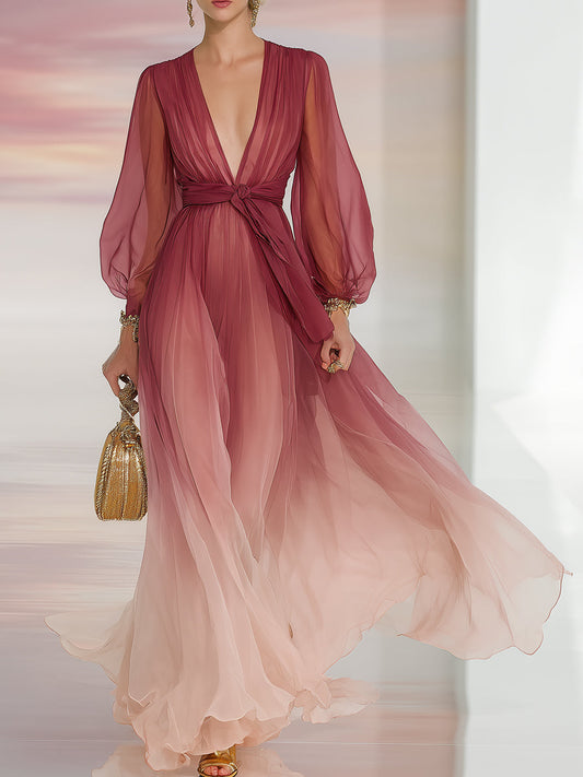 Elegant And Flowing Red Beige Gradient V-neck Chiffon Long-sleeved Maxi Dress