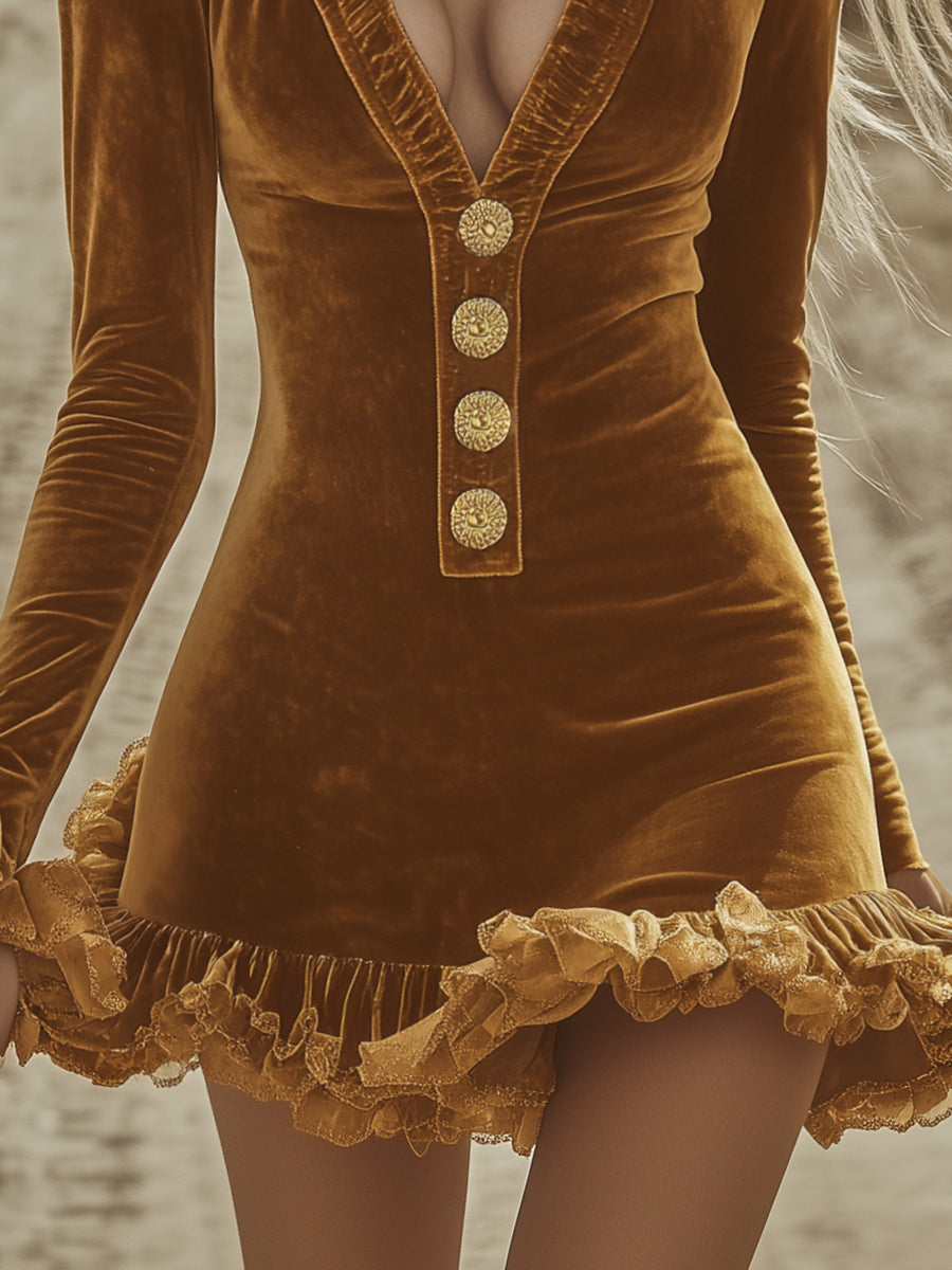 Elegant And Fashionable V-neck Gold Button Ruffled Skirt Velvet Mini Dress