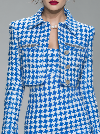 Elegant Houndstooth Knitted Jacket And Sleeveless Knitted Dress Set