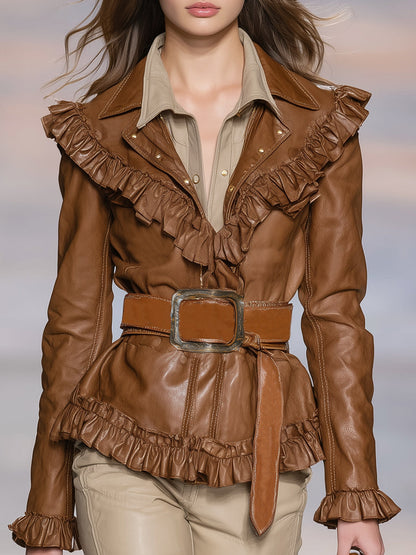 Elegant Vintage Brown Ruffled Faux Leather Jacket