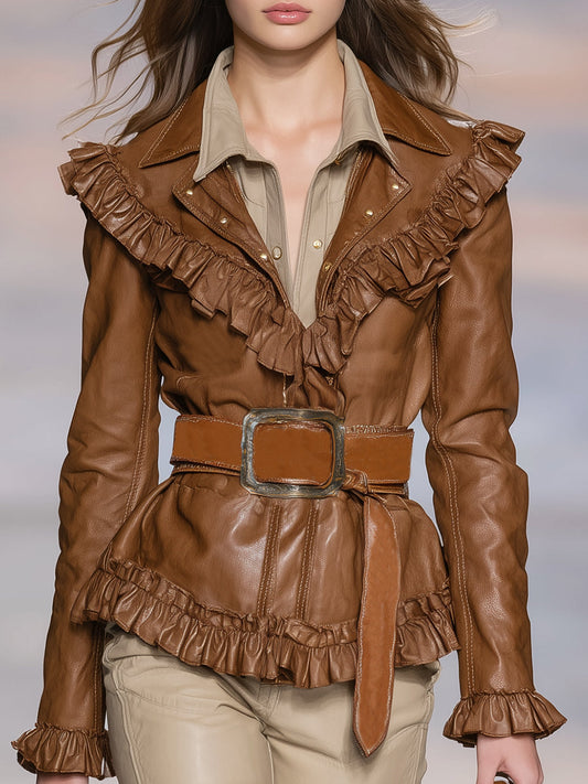 Elegant Vintage Brown Ruffled Faux Leather Jacket