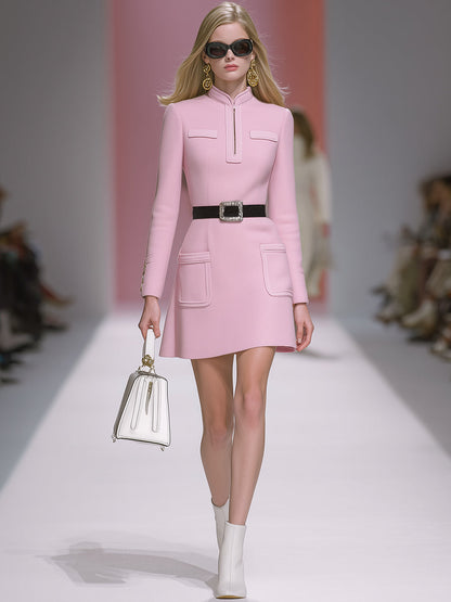 Elegant And Fashionable Pink Stand-up Collar Half-zip Mini Dress