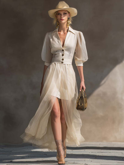 Exquisite Casual Western Front Button V-neck Cover Organza Hem Off-white Cotton And Linen Maxi Dress