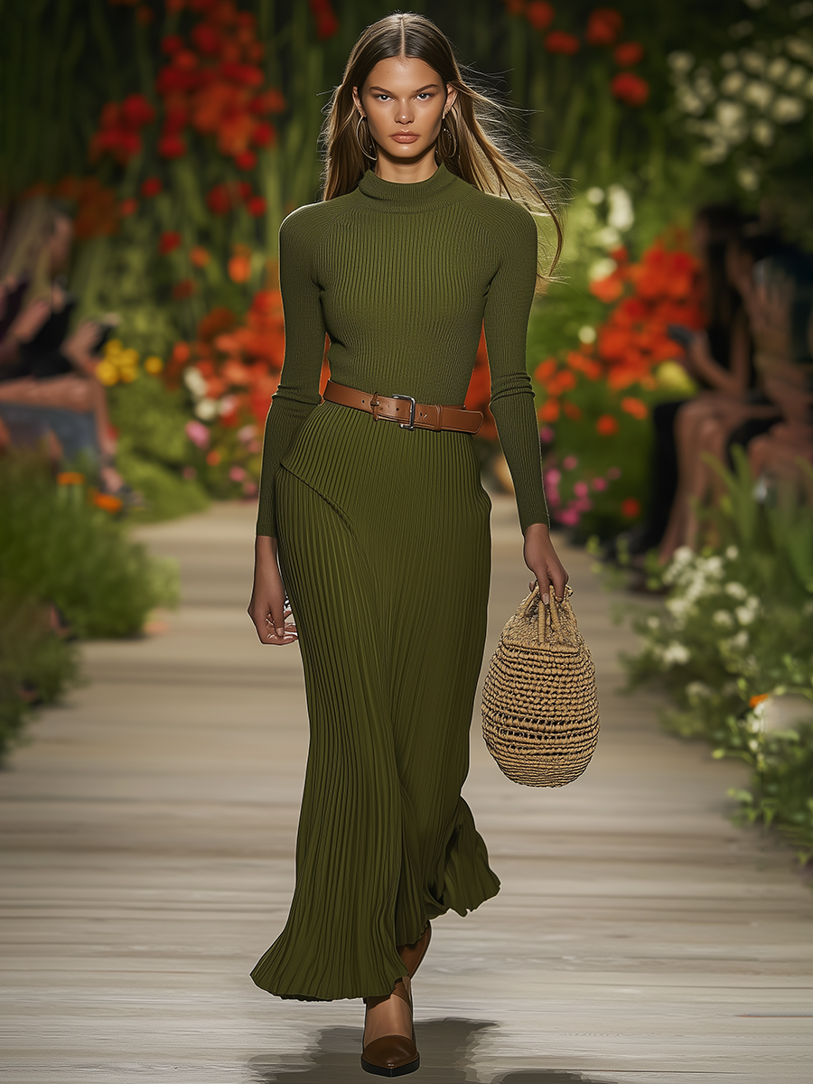 Elegant Round Neck Long Sleeve Pleated Knitted Maxi Dress
