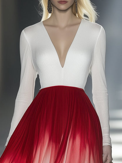 Elegant And Atmospheric V-neck Pleated Chiffon Red And White Gradient Maxi Dress