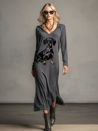 Casual And Fashionable Dark Gray Printed Hooded Long-sleeved Maxi Dress