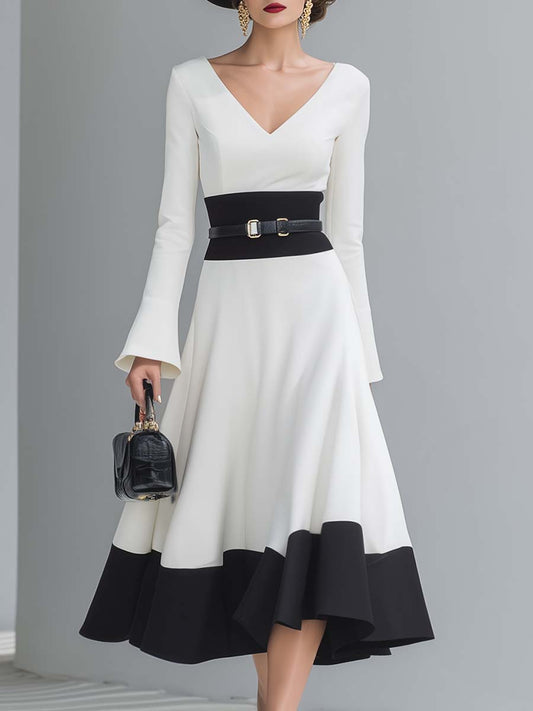 Elegant Classic V-neck Long-sleeved A-line Hem White And Black Contrast Midi Dress
