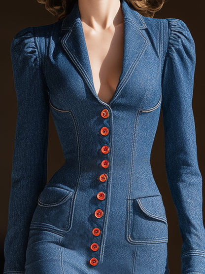 Blue Lapel And Red Button Closure Midi Dress