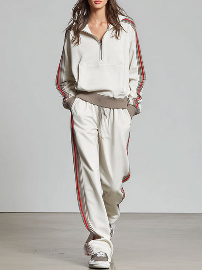 Casual Retro Striped Trim White Knitted Pullover Wide-Leg Pants Sports Set