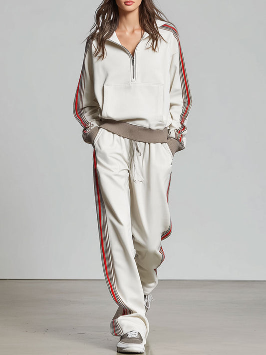 Casual Retro Striped Trim White Knitted Pullover Wide-Leg Pants Sports Set