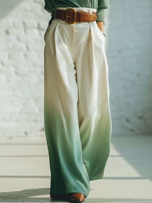 Elegant Casual White Gradient Green Wide-leg Trousers