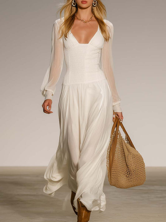 Elegant Retro Exquisite Transparent Long-sleeved Waist Flowing Hem White Chiffon Maxi Dress