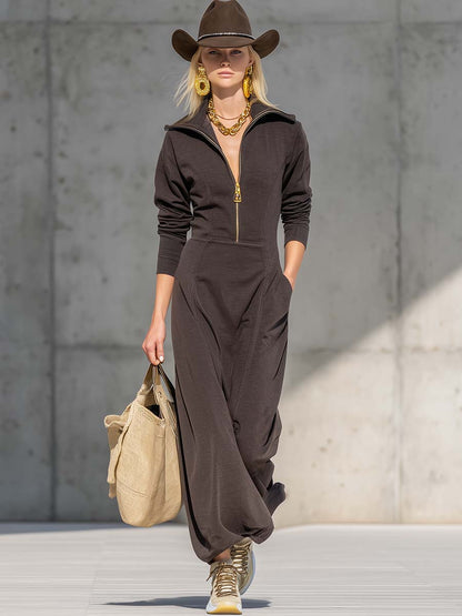 Exquisite Casual Zipper V-neck Brown Sports Cotton Maxi Dress