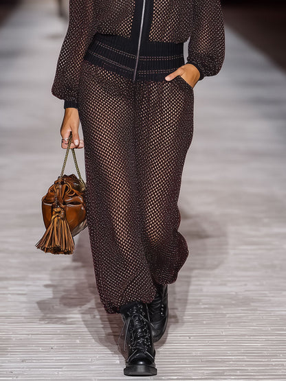 Casual Retro Cocoa Brown Mesh Knit Hooded Zipper Jumpsuit