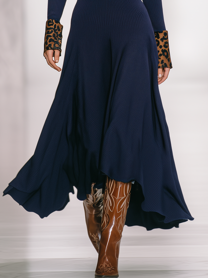 Elegant Retro Contrast Leopard Print Lapel Long Sleeve Knitted Maxi Dress