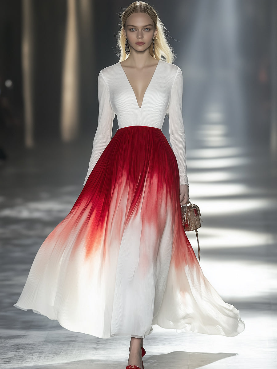 Elegant And Atmospheric V-neck Pleated Chiffon Red And White Gradient Maxi Dress
