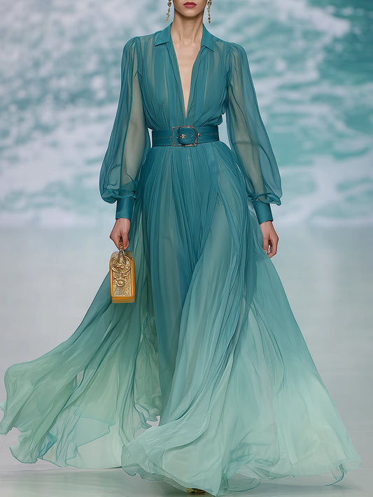 Elegant Green Gradient Lapel Chiffon Long-sleeved Maxi Dress
