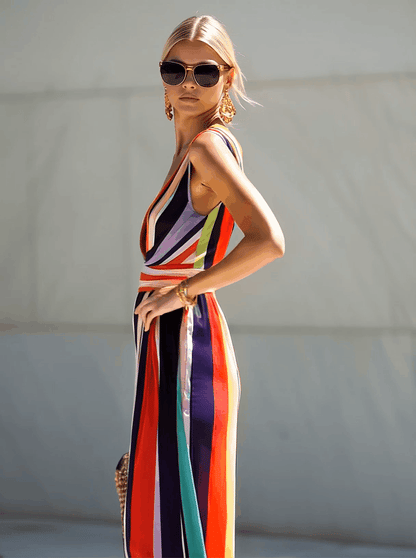 Elegant Flowing V-neck Rainbow Stripe Print Chiffon Maxi Dress