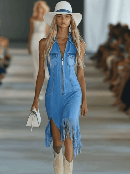 【24-hour shipping out】Vintage Blue Denim Zipper Pocket Slit Tassel Sleeveless Midi Dress