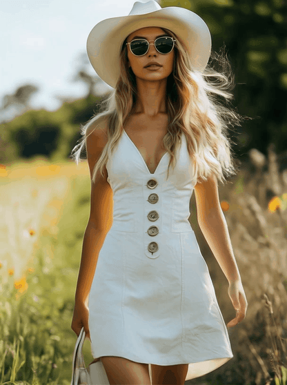 【Envío en 24 horas】Vestido corto vaquero blanco con botones delanteros y escote en V estilo retro informal