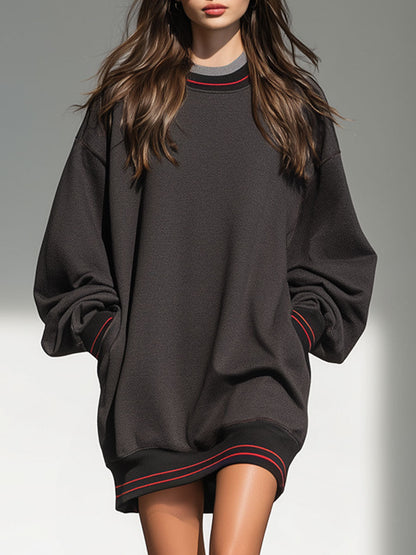 Casual Retro Striped Dark Grey Round Neck Sports Mini Dress