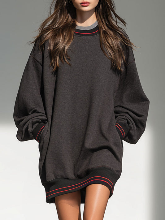 Casual Retro Striped Dark Grey Round Neck Sports Mini Dress