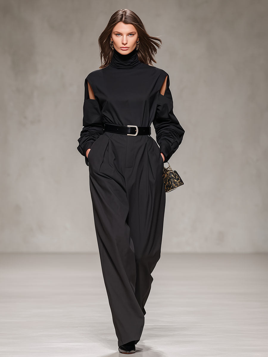 Black Turtleneck Cold Shoulder Long-sleeved T-shirt And Wide-leg Pants Set