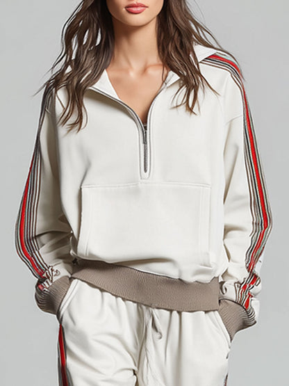 Casual Retro Striped Trim White Knitted Pullover Wide-Leg Pants Sports Set