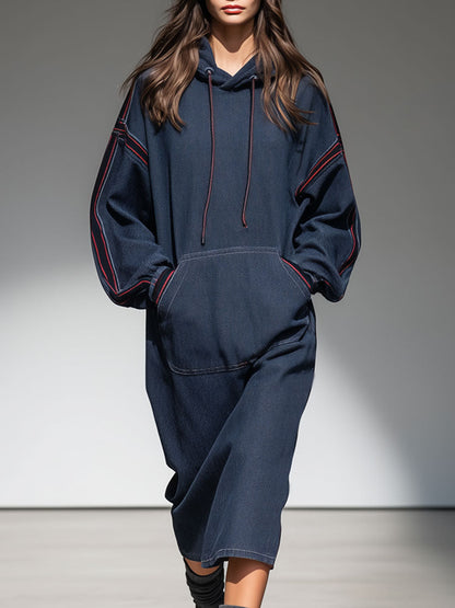 Casual Retro Web-edge Dark Blue Denim Hooded Sweatshirt Sports Midi Dress