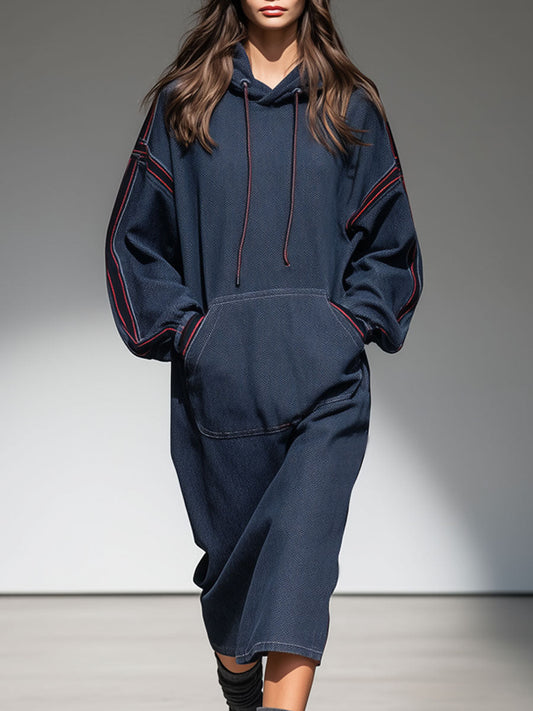 Casual Retro Web-edge Dark Blue Denim Hooded Sweatshirt Sports Midi Dress