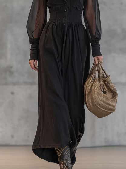 Exquisite Casual Retro Front Button Transparent Long Sleeve Waist Black Cotton Maxi dress