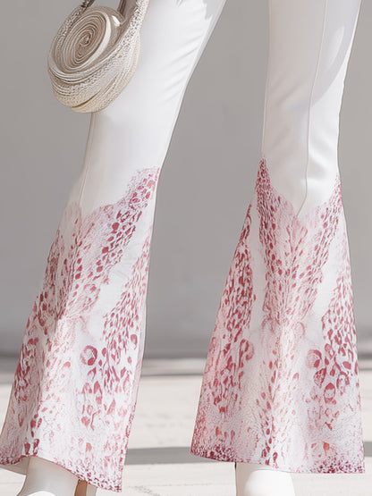 Designer White Hem With Pink Leopard Print Flared Pants