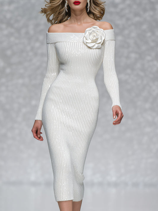 Elegant Shimmering Knitted One-shoulder Three-dimensional Flower Midi Dress