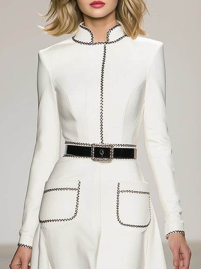 Elegant And Fashionable Stand-up Collar Black Stitching White Midi Dress