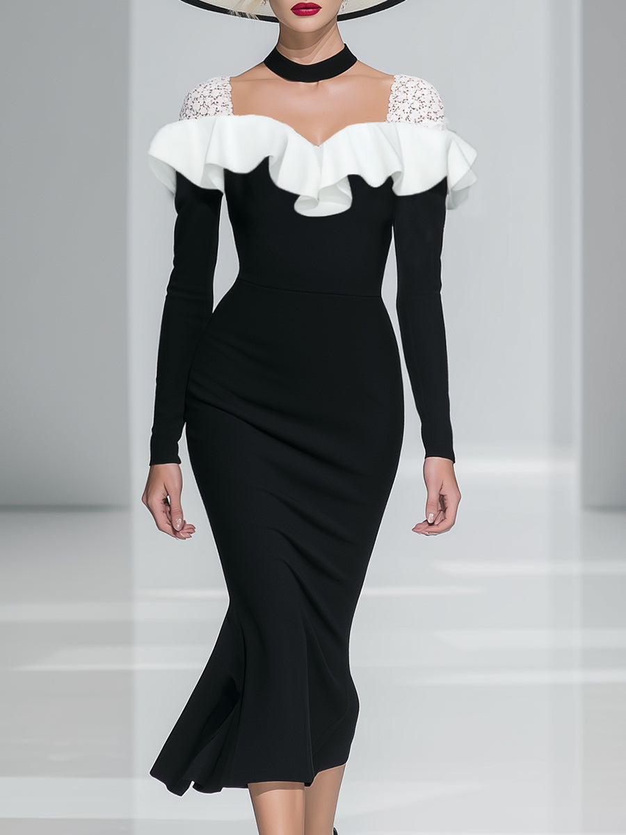 Elegant Classic Lace Shoulder Ruffle Black Fishtail Midi Dress